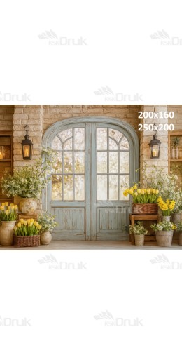 Tło fotograficzne „Wiosenne drzwi z żółtymi tulipanami” | E606